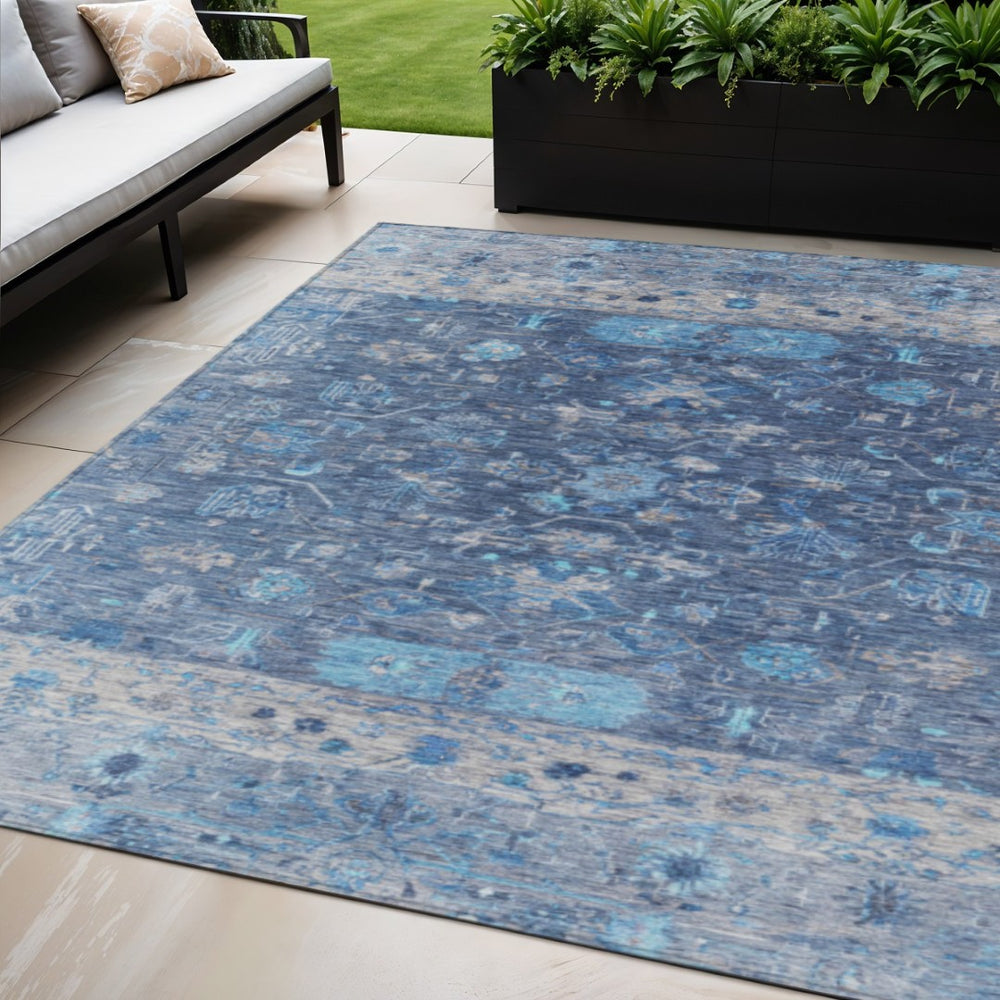HomeRoots 5' Navy Blue and Gray Tribal Indoor Outdoor Area Rug - Stylish, Washable, Durable for High-Traffic Use 659313