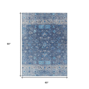 HomeRoots 5' Navy Blue and Gray Tribal Indoor Outdoor Area Rug - Stylish, Washable, Durable for High-Traffic Use 659313