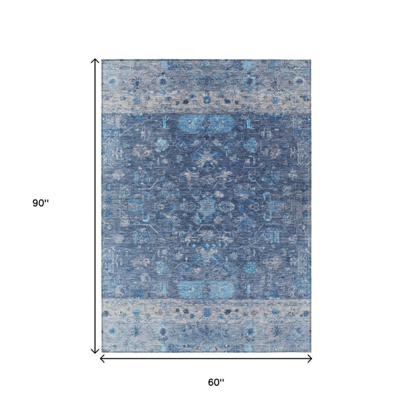 HomeRoots 5' Navy Blue and Gray Tribal Indoor Outdoor Area Rug - Stylish, Washable, Durable for High-Traffic Use 659313