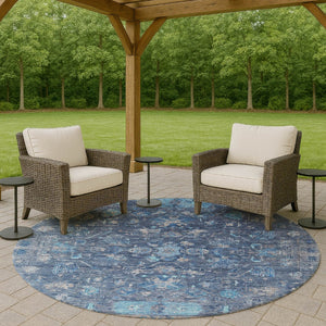 HomeRoots 8' Navy Blue & Gray Round Tribal Area Rug - Washable, Durable, Stylish for Indoor & Outdoor Use 659314