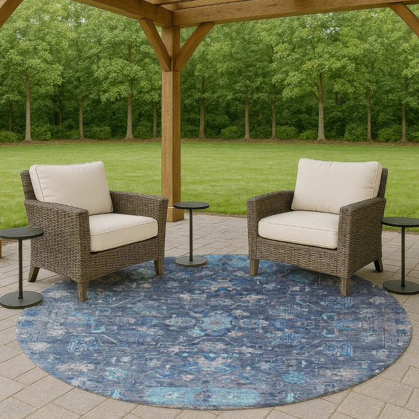 HomeRoots 8' Navy Blue & Gray Round Tribal Area Rug - Washable, Durable, Stylish for Indoor & Outdoor Use 659314