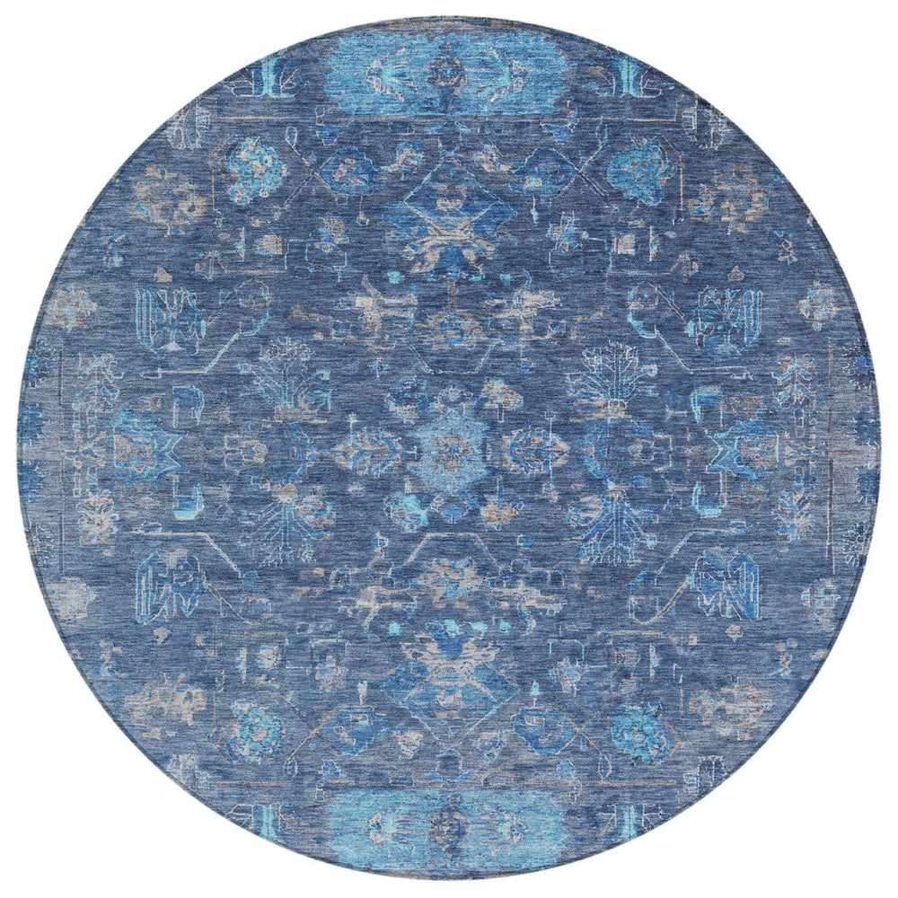 HomeRoots 8' Navy Blue & Gray Round Tribal Area Rug - Washable, Durable, Stylish for Indoor & Outdoor Use 659314