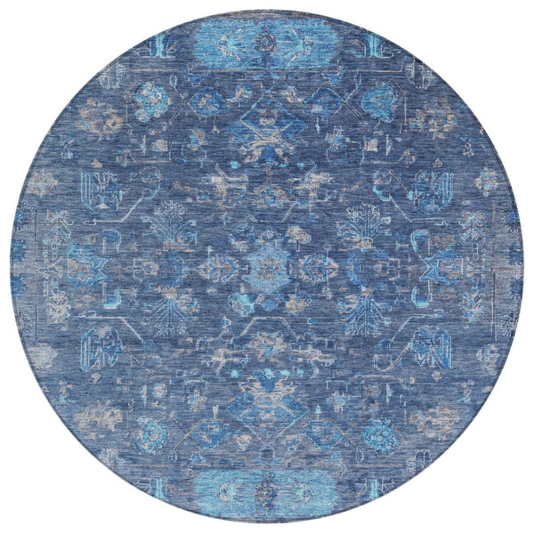 HomeRoots 8' Navy Blue & Gray Round Tribal Area Rug - Washable, Durable, Stylish for Indoor & Outdoor Use 659314