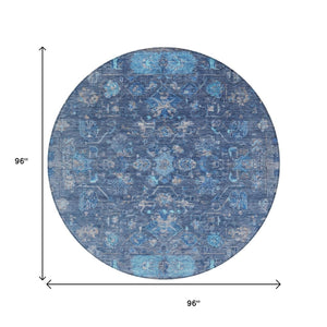 HomeRoots 8' Navy Blue & Gray Round Tribal Area Rug - Washable, Durable, Stylish for Indoor & Outdoor Use 659314
