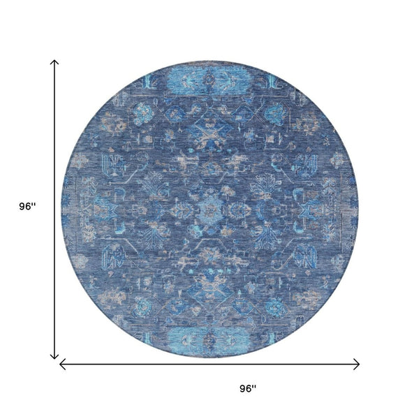 HomeRoots 8' Navy Blue & Gray Round Tribal Area Rug - Washable, Durable, Stylish for Indoor & Outdoor Use 659314