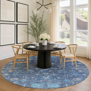 HomeRoots 8' Navy Blue & Gray Round Tribal Area Rug - Washable, Durable, Stylish for Indoor & Outdoor Use 659314