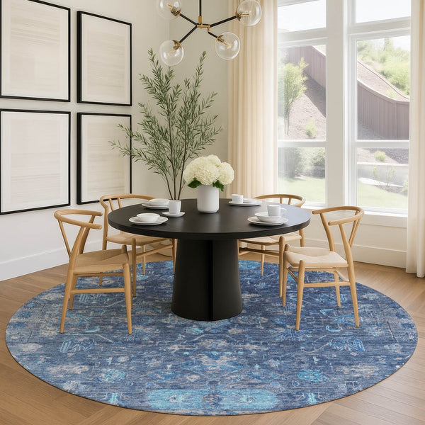 HomeRoots 8' Navy Blue & Gray Round Tribal Area Rug - Washable, Durable, Stylish for Indoor & Outdoor Use 659314