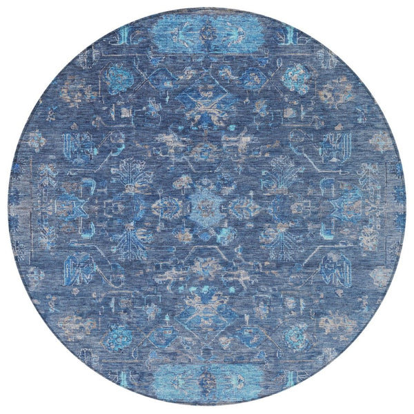 HomeRoots 8' Navy Blue & Gray Round Tribal Area Rug - Washable, Durable, Stylish for Indoor & Outdoor Use 659314