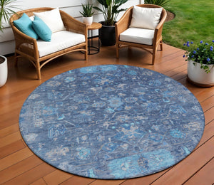 HomeRoots 8' Navy Blue & Gray Round Tribal Area Rug - Washable, Durable, Stylish for Indoor & Outdoor Use 659314