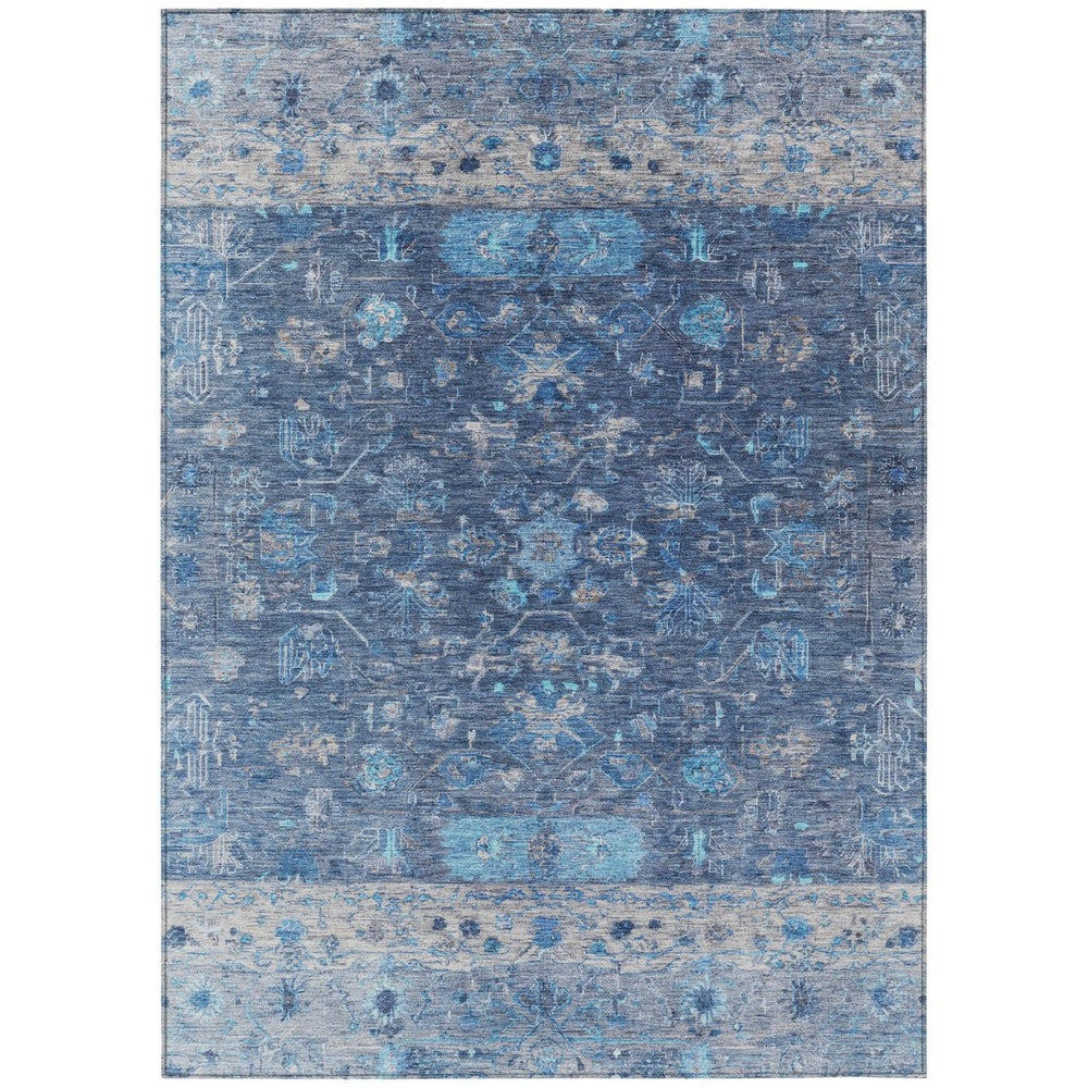 HomeRoots 8' X 10' Navy Blue and Gray Tribal Indoor-Outdoor Area Rug - Washable, Stain-Resistant, Stylish Design! 659315