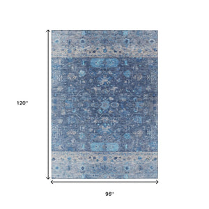 HomeRoots 8' X 10' Navy Blue and Gray Tribal Indoor-Outdoor Area Rug - Washable, Stain-Resistant, Stylish Design! 659315