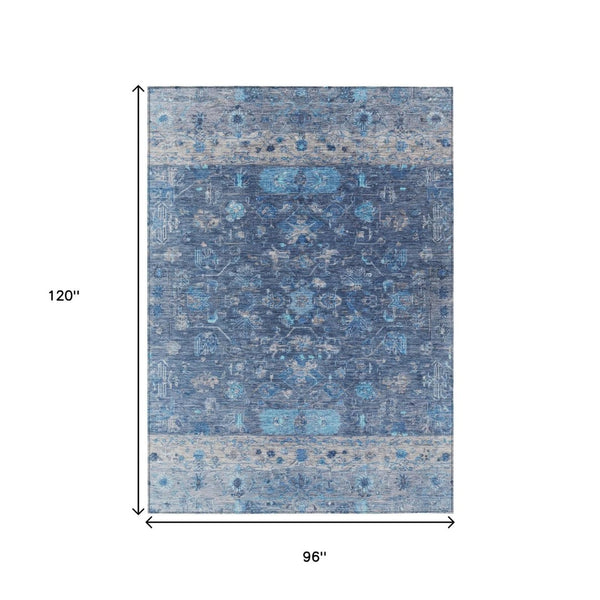 HomeRoots 8' X 10' Navy Blue and Gray Tribal Indoor-Outdoor Area Rug - Washable, Stain-Resistant, Stylish Design! 659315