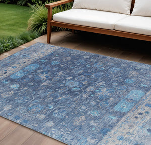 HomeRoots 9' X 12' Navy Blue & Gray Tribal Area Rug - Washable, Durable Indoor/Outdoor Design for Any Space 659316
