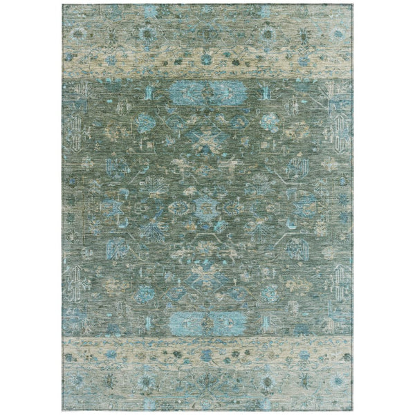 HomeRoots 5' Sage Teal Blue & Beige Tribal Area Rug - Washable, Durable, Indoor/Outdoor Perfect for High Traffic Areas 659319