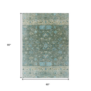 HomeRoots 5' Sage Teal Blue & Beige Tribal Area Rug - Washable, Durable, Indoor/Outdoor Perfect for High Traffic Areas 659319