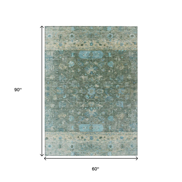 HomeRoots 5' Sage Teal Blue & Beige Tribal Area Rug - Washable, Durable, Indoor/Outdoor Perfect for High Traffic Areas 659319