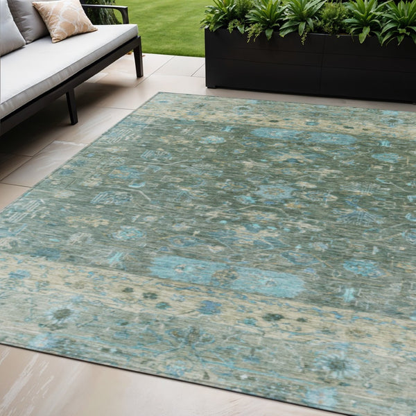 HomeRoots 5' Sage Teal Blue & Beige Tribal Area Rug - Washable, Durable, Indoor/Outdoor Perfect for High Traffic Areas 659319