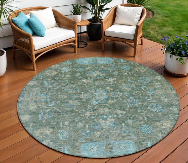 HomeRoots 8' Round Tribal Area Rug in Sage, Teal Blue & Beige - Washable, Durable for Indoor/Outdoor Use! 659320