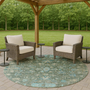 HomeRoots 8' Round Tribal Area Rug in Sage, Teal Blue & Beige - Washable, Durable for Indoor/Outdoor Use! 659320