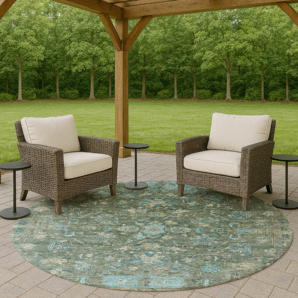 HomeRoots 8' Round Tribal Area Rug in Sage, Teal Blue & Beige - Washable, Durable for Indoor/Outdoor Use! 659320