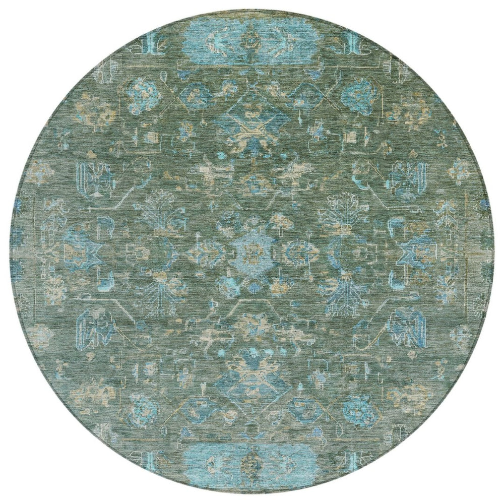 HomeRoots 8' Round Tribal Area Rug in Sage, Teal Blue & Beige - Washable, Durable for Indoor/Outdoor Use! 659320