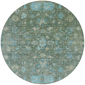 HomeRoots 8' Round Tribal Area Rug in Sage, Teal Blue & Beige - Washable, Durable for Indoor/Outdoor Use! 659320