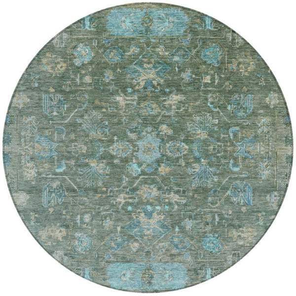 HomeRoots 8' Round Tribal Area Rug in Sage, Teal Blue & Beige - Washable, Durable for Indoor/Outdoor Use! 659320