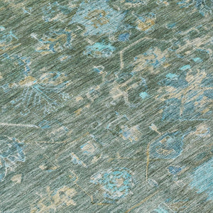 HomeRoots 8' Round Tribal Area Rug in Sage, Teal Blue & Beige - Washable, Durable for Indoor/Outdoor Use! 659320