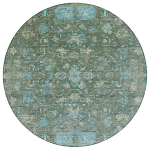HomeRoots 8' Round Tribal Area Rug in Sage, Teal Blue & Beige - Washable, Durable for Indoor/Outdoor Use! 659320