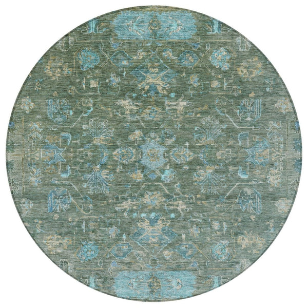 HomeRoots 8' Round Tribal Area Rug in Sage, Teal Blue & Beige - Washable, Durable for Indoor/Outdoor Use! 659320
