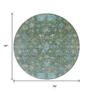 HomeRoots 8' Round Tribal Area Rug in Sage, Teal Blue & Beige - Washable, Durable for Indoor/Outdoor Use! 659320