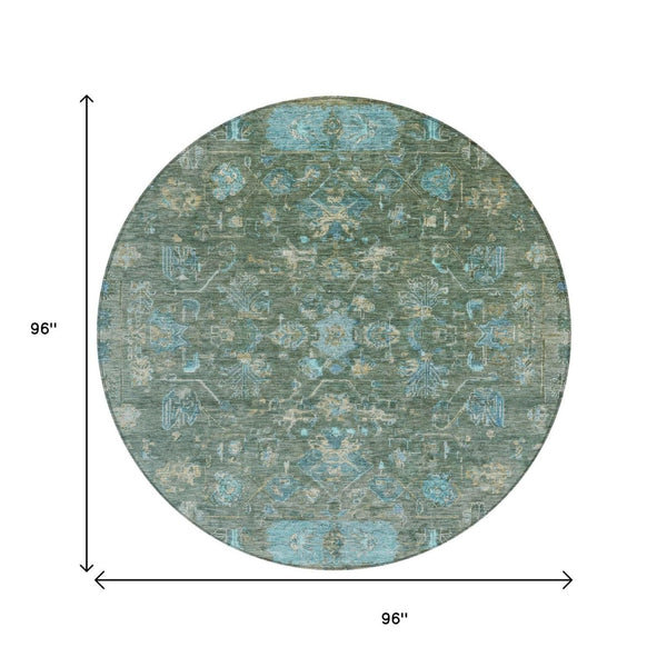 HomeRoots 8' Round Tribal Area Rug in Sage, Teal Blue & Beige - Washable, Durable for Indoor/Outdoor Use! 659320