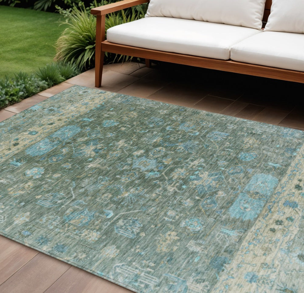 HomeRoots 8' X 10' Sage Teal Blue Beige Tribal Area Rug - Durable, Washable, Chic for Indoor & Outdoor Spaces 659321