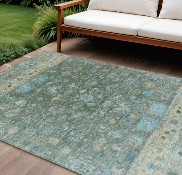 HomeRoots 8' X 10' Sage Teal Blue Beige Tribal Area Rug - Durable, Washable, Chic for Indoor & Outdoor Spaces 659321