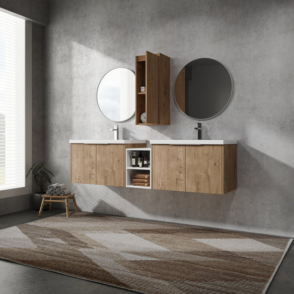 English Elm 72" Wall-Mounted Bathroom Vanity Set With Dual Sinks, Soft-Close Doors & Side Cabinet For Storage W999S00227