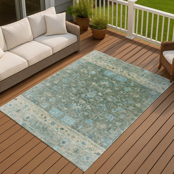 HomeRoots 9' X 12' Stylish Sage Teal Blue Beige Tribal Area Rug - Washable, Indoor/Outdoor, Pet-Friendly Design! 659322