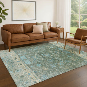 HomeRoots 9' X 12' Stylish Sage Teal Blue Beige Tribal Area Rug - Washable, Indoor/Outdoor, Pet-Friendly Design! 659322