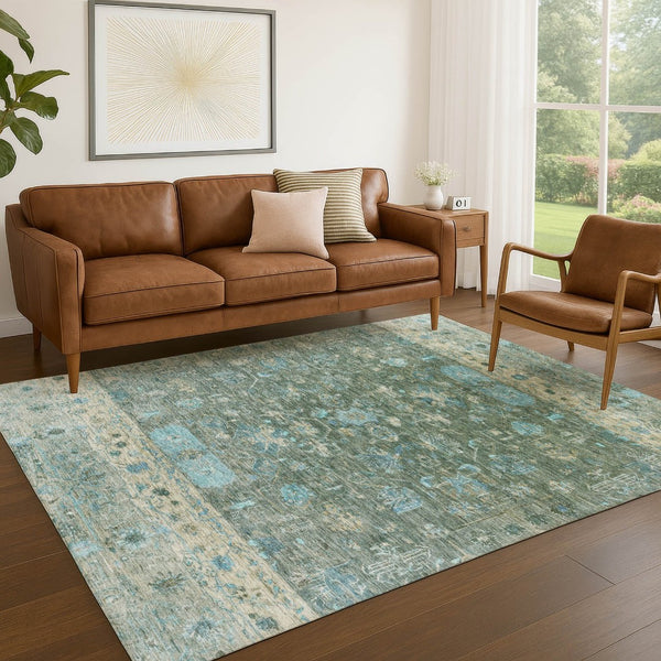 HomeRoots 9' X 12' Stylish Sage Teal Blue Beige Tribal Area Rug - Washable, Indoor/Outdoor, Pet-Friendly Design! 659322
