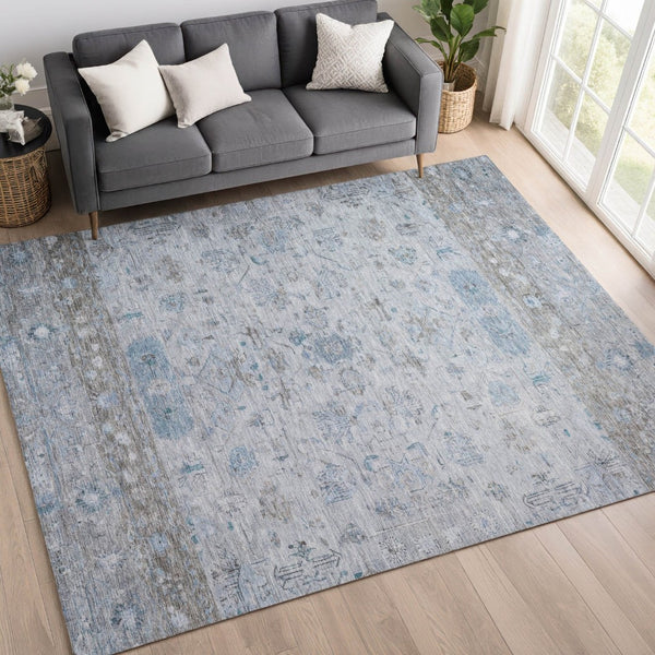 HomeRoots 5' X 8' Tribal Washable Indoor Outdoor Area Rug in Sky Blue, Gray & Ivory - Stylish & Durable Design 659325