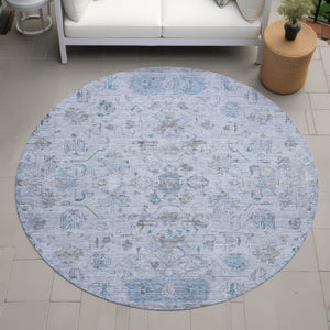 HomeRoots 8' Sky Blue Gray Ivory Round Tribal Rug - Durable, Washable, Stylish Area Rug for Indoor & Outdoor Use 659326