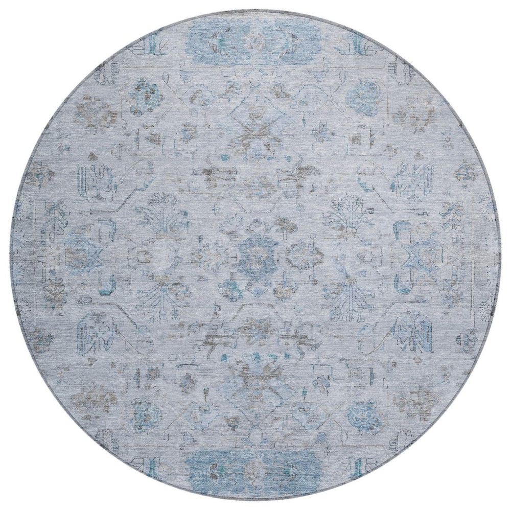 HomeRoots 8' Sky Blue Gray Ivory Round Tribal Rug - Durable, Washable, Stylish Area Rug for Indoor & Outdoor Use 659326