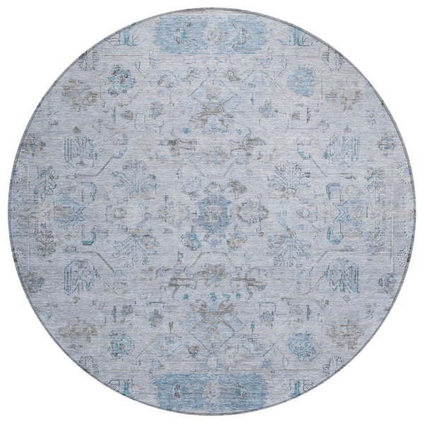 HomeRoots 8' Sky Blue Gray Ivory Round Tribal Rug - Durable, Washable, Stylish Area Rug for Indoor & Outdoor Use 659326