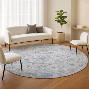 HomeRoots 8' Sky Blue Gray Ivory Round Tribal Rug - Durable, Washable, Stylish Area Rug for Indoor & Outdoor Use 659326