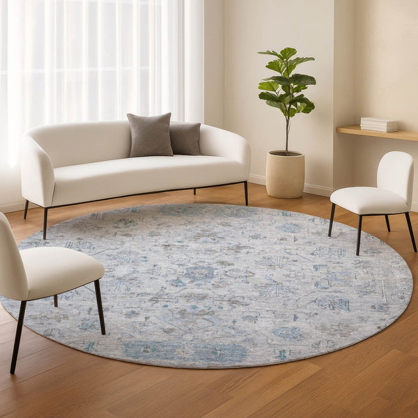 HomeRoots 8' Sky Blue Gray Ivory Round Tribal Rug - Durable, Washable, Stylish Area Rug for Indoor & Outdoor Use 659326
