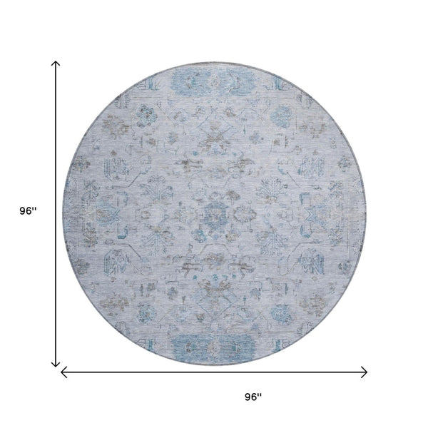 HomeRoots 8' Sky Blue Gray Ivory Round Tribal Rug - Durable, Washable, Stylish Area Rug for Indoor & Outdoor Use 659326