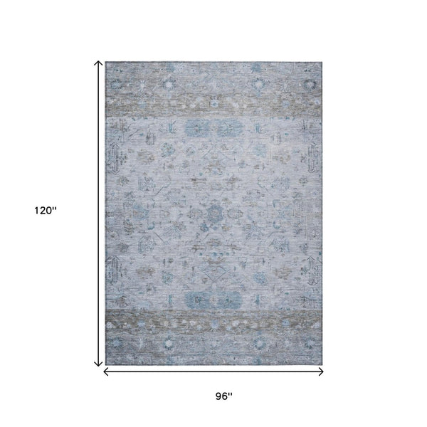 HomeRoots 8' X 10' Sky Blue Gray Ivory Tribal Washable Area Rug - Durable, Stylish for Indoor & Outdoor Use 659327