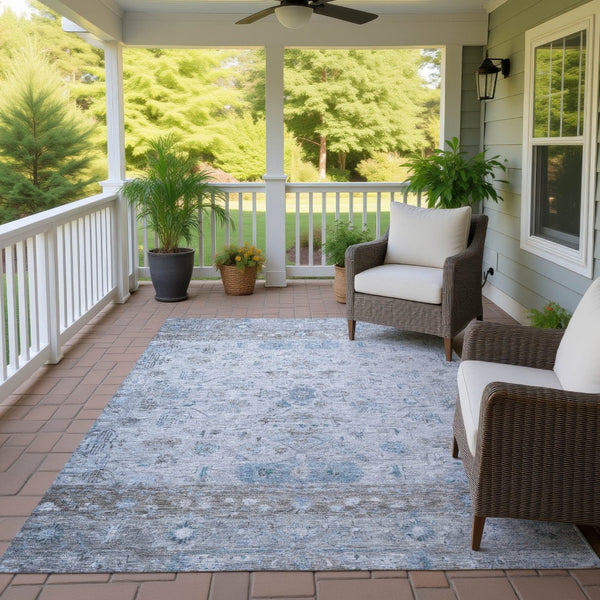 HomeRoots 8' X 10' Sky Blue Gray Ivory Tribal Washable Area Rug - Durable, Stylish for Indoor & Outdoor Use 659327