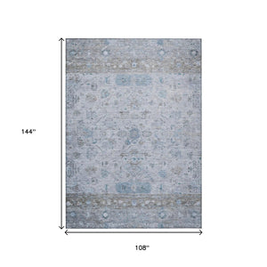 HomeRoots 9' X 12' Stylish Sky Blue, Gray & Ivory Tribal Washable Area Rug for Indoor & Outdoor Use 659328