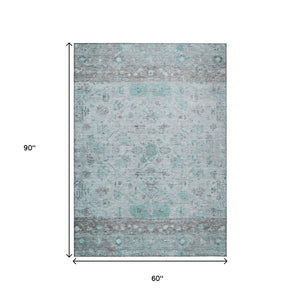 HomeRoots 5' X 8' Durable Teal Blue Gray Silver Tribal Area Rug - Stylish, Washable for Indoor & Outdoor Use 659331