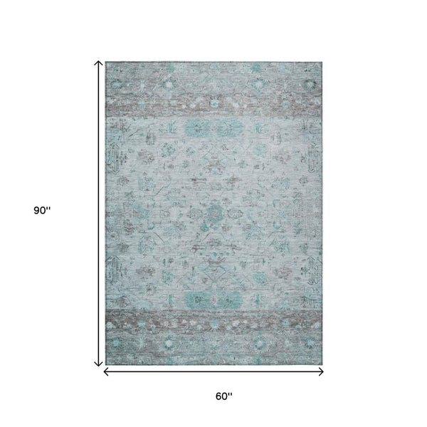 HomeRoots 5' X 8' Durable Teal Blue Gray Silver Tribal Area Rug - Stylish, Washable for Indoor & Outdoor Use 659331